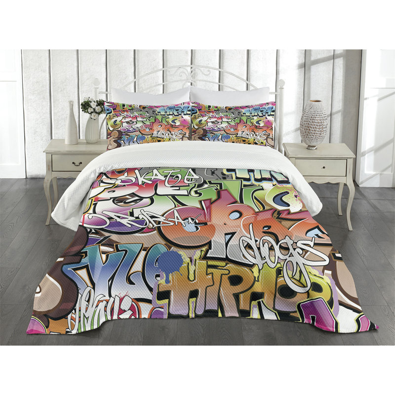 Urban Graffiti Multicolor Quilted Queen Bedspread Set