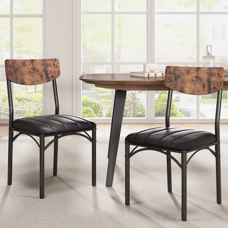 4-Piece Industrial Dining Chairs with Wooden Back & PU Leather Cushion, Black/Brown
