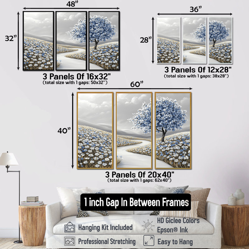 Ensemble de salon d'art mural campagne Blooms I - Cornflowers, Toile avec cadre flottant or, H 28 po x l 36 po x P 1 po