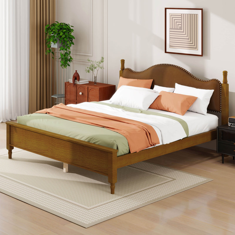 Lit plateforme en bois avec tête de lit rembourrée, lit plateforme moderne avec tête de lit, Cadre brun + tête de lit brune