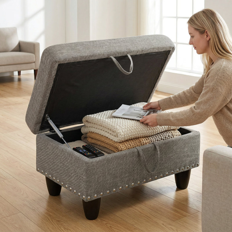 Repose-pieds brun gris avec rangement clouté plaqué cuivre, tissu résistant à l'usure et structure en bois massif, Gris