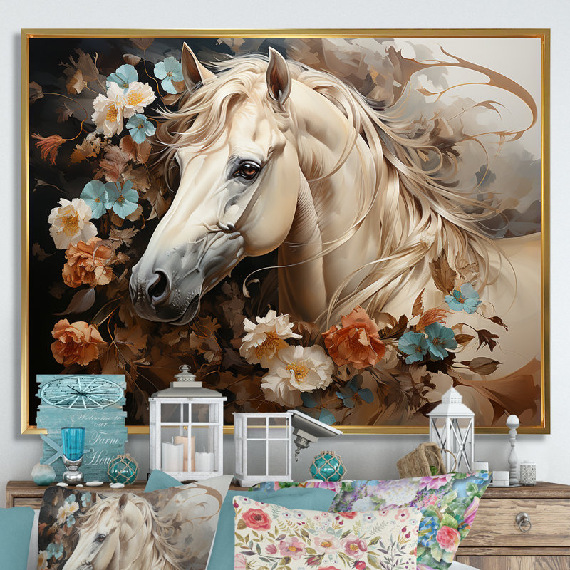 «Blooming Horse symbolism» sur toile, Cadre flottant doré, H 34 po x l 44 po