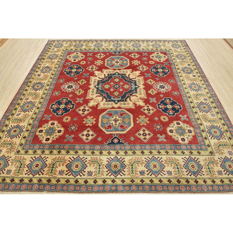 Tapis rouge / brun en laine noué à la main de conception unique 9 pi 4 po x 9 pi 1 po