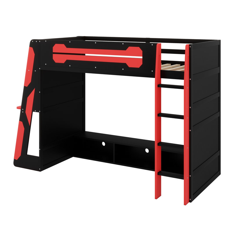 Lit mezzanine peu encombrant avec bureau intégré, tablettes de rangement et lumière RVB personnalisable, Rouge
