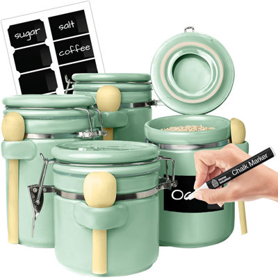 4-Piece Ceramic Kitchen Canisters Set, Airtight Containers With Wooden Spoons Reusable Chalk Labels And Marker For Sugar, Coffee, Flour, Tea (White) -  Latitude Run®, FF7BF7756DF843B29BFA84A19E322763
