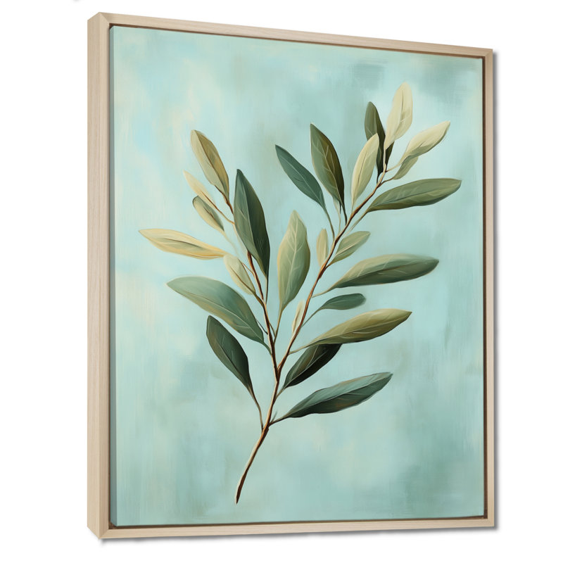Feuilles ensoleillées sur fond bleu - Impression sur toile botanique, H 44 po x l 34 po, Cadre naturel flottant