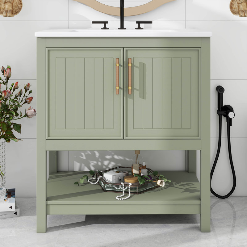 Le meuble-lavabo de 30 pouces est livré avec un lavabo en céramique et un rangement flexible, Vert