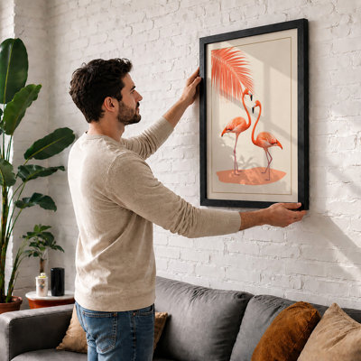 Flamingos Under Palm Tropical - Framed Print