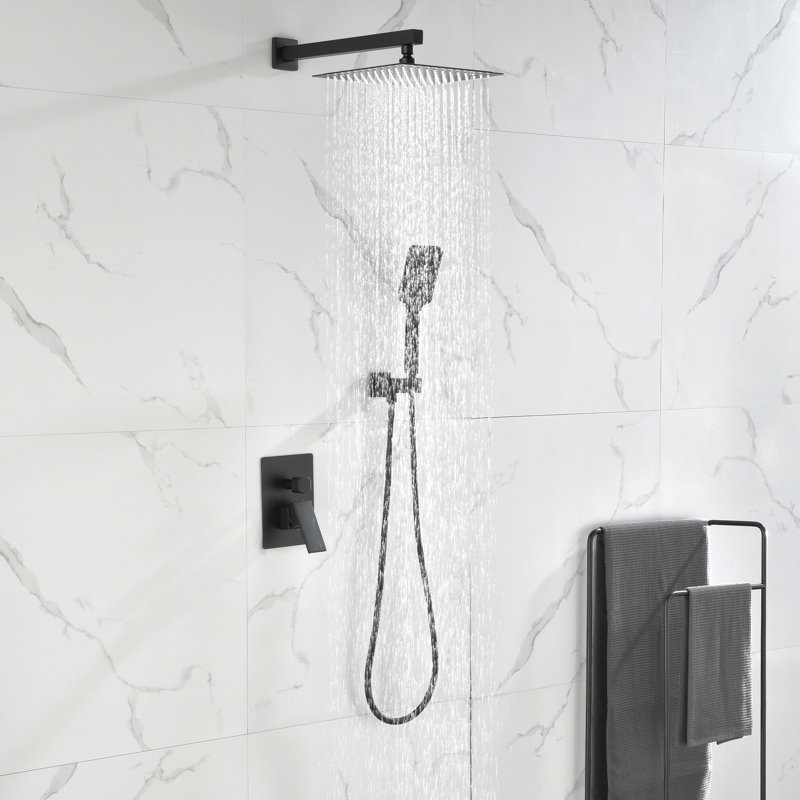 10" Square Complete Shower System With Rough-in Valve And Hand Shower, Matte Black