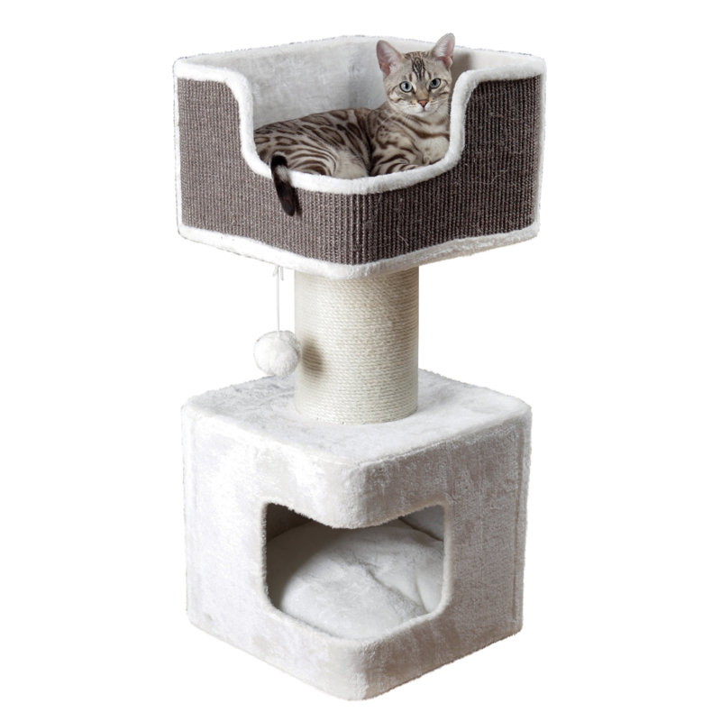 Ava 33.9'' Gray and White Plush Cat Tree with Jute Scratching Post