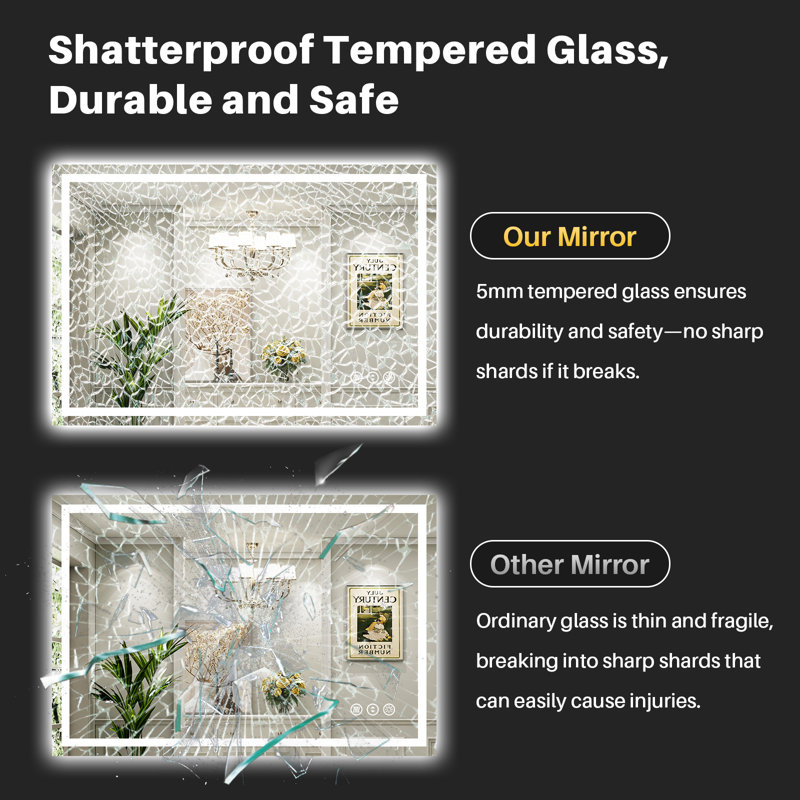Miroir de salle de bain à DEL avec lumières, rétroéclairé et éclairé à l'avant, miroirs muraux éclairés pour meuble-lavabo, écran tactile à intensité variable, antibuée, fonction mémoire, verre trempé HD, incassable, homologué ETL