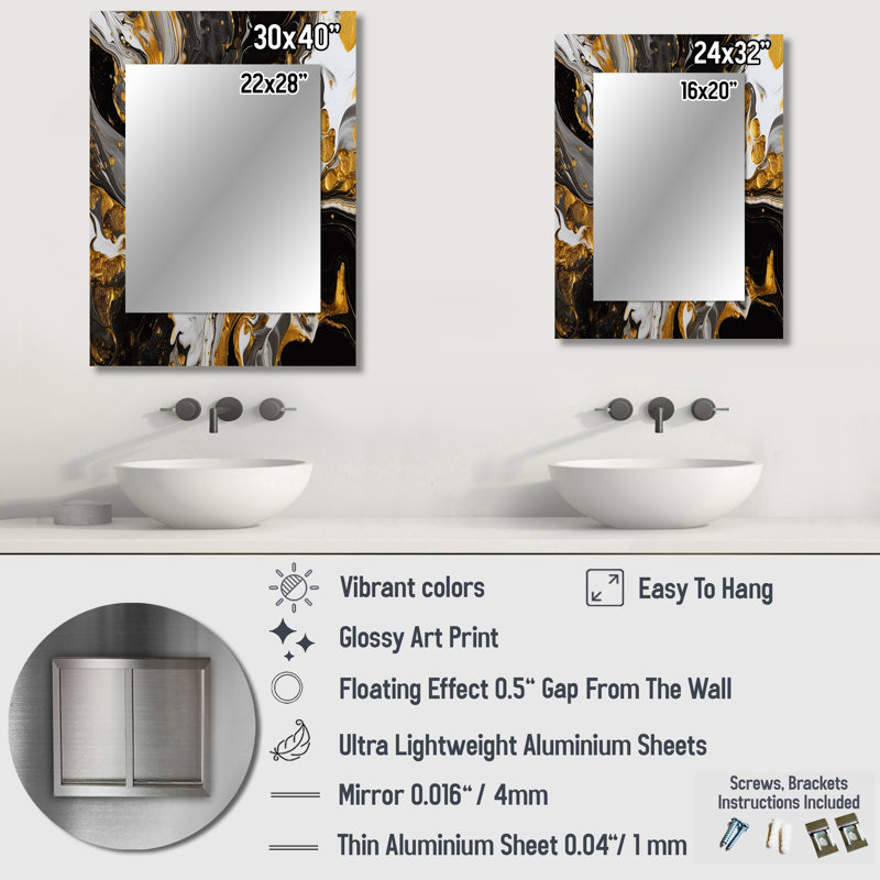 Or noir marbré Dreamscape II - miroir géométrique, miroir mural décoratif doré, impression d'art en métal, 40 po x 30 po