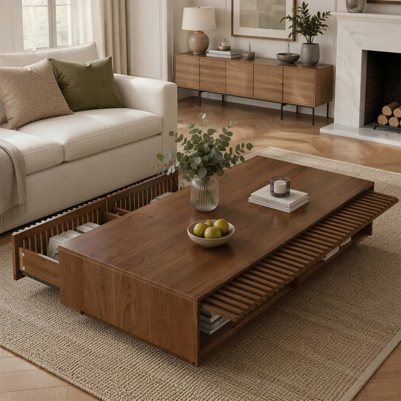 Table basse en bois massif de style Mid-Century moderne avec tiroirs de rangement à lattes, table basse rectangulaire en bois à profil bas, table de rangement cachée de style maison de campagne pour le salon