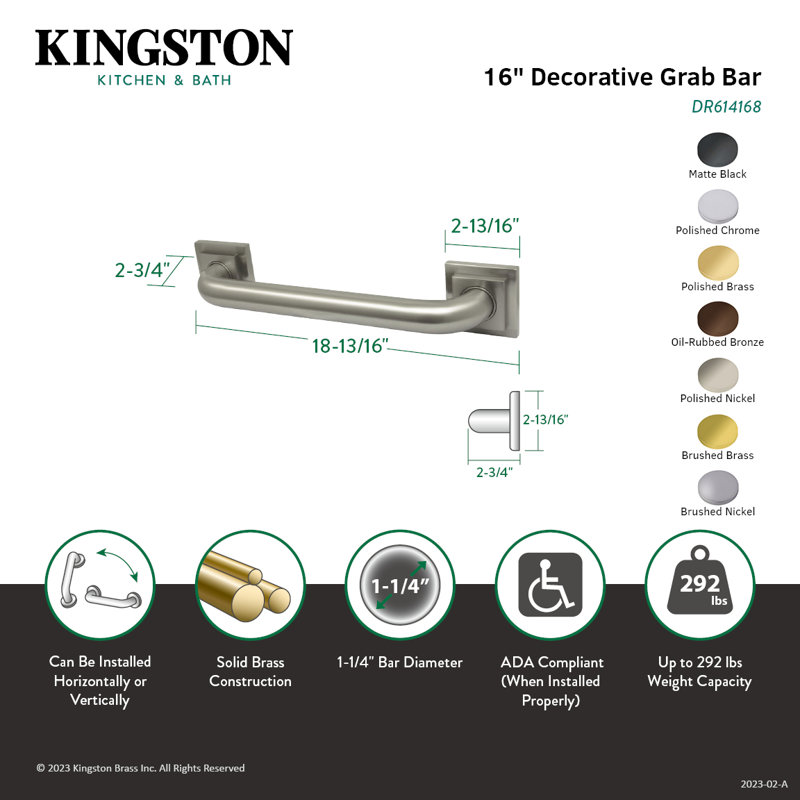 Kingston Brass Claremont 1-1/4 Inch O.D Grab Bar, 16" W, Matte Black
