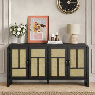 Rattan Sideboard Buffet Cabinet with Storage, 59'' Large Boho Storage Cabinet with 4 Doors and Adjustable Shelves, Black Wood Console Table for Kitchen, Entryway, Dining Room, Living Room,Black