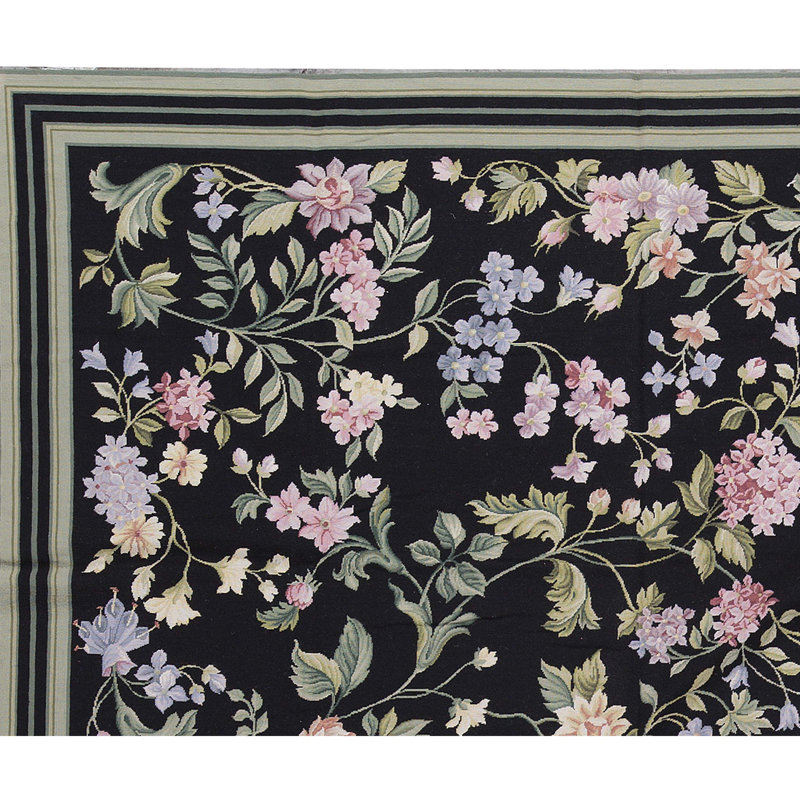 Hand-Knotted High-Quality Black and Light Green Area Rug