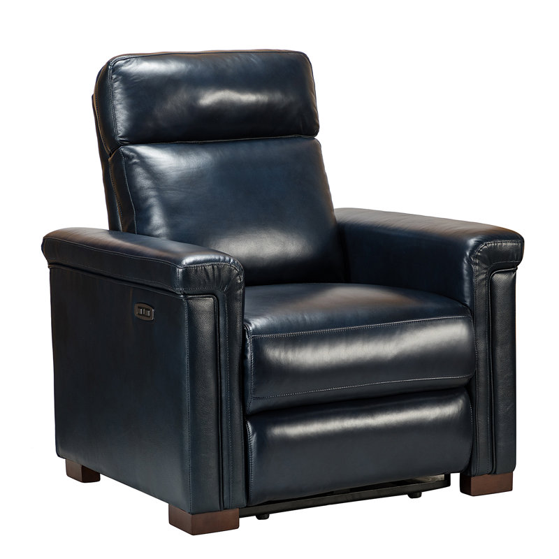 Westdale 36.02'' W Genuine Leather Power Standard Recliner with Solid Wood Legs, Navy