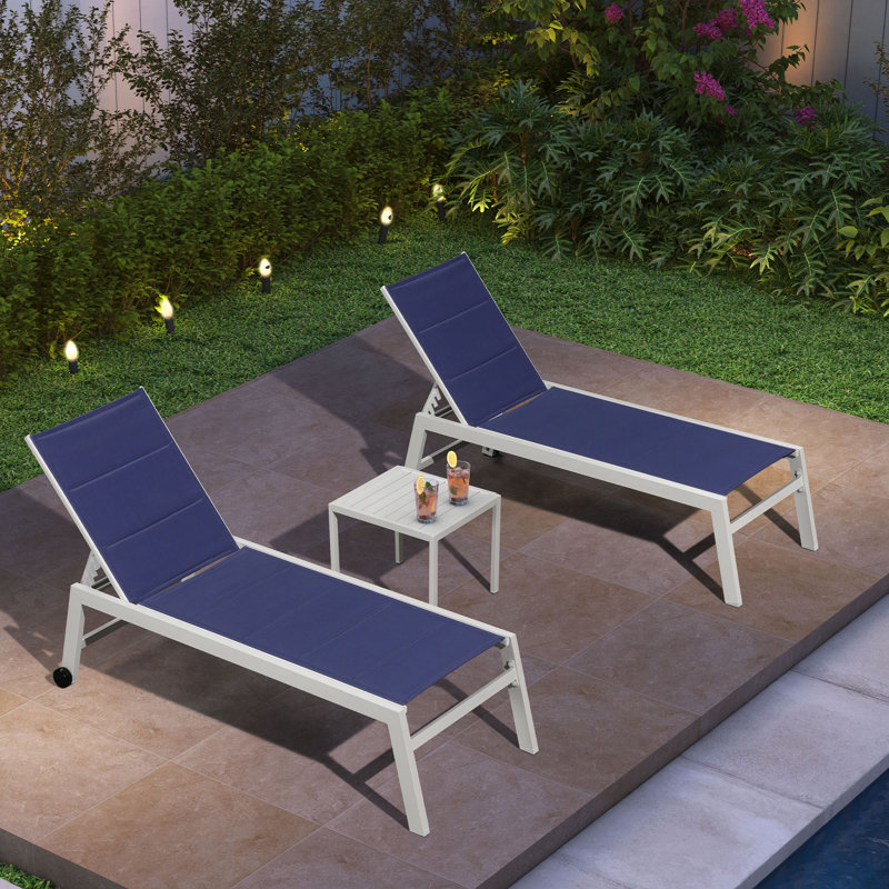 Outdoor Rust-Resistant Metal Chaise Lounge with Table, White Frame/Navy Blue Cushion