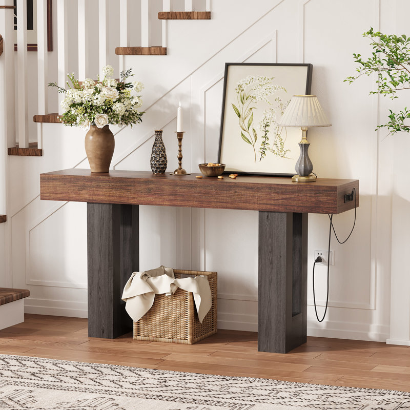 63 Inch Console Table with Power Outlet, Extra Long Sofa Table Behind Couch with USB & Type c Ports, Narrow Entryway Table for Hallway, Entrance, Living Room, 33.3" High, Rustic Brown