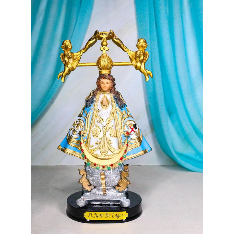 Figurine Notre Dame de San Juan De Los Lagos avec couronne d'or et anges 8 "H