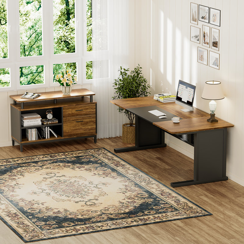 63" Executive Office Desk Drawer Cabinet,L Shaped Desk With Shelves,Split Computer Desk And Lateral Hanging File Cabinet,Home Office Furniture For Home Office, Rustic Brown & Black