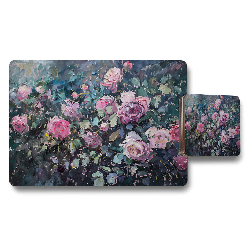 Floral Rose Garden Placemats And Coaster Set With Impasto Style Artwork