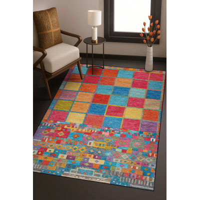 Tapis bleu tissé lavable rétro Mosso