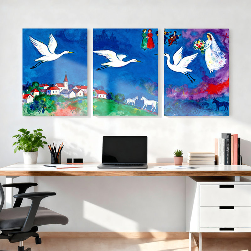 Ensemble de 3 tableaux sur toile représentant un village féerique et des cygnes, H 24 po x l 48 po