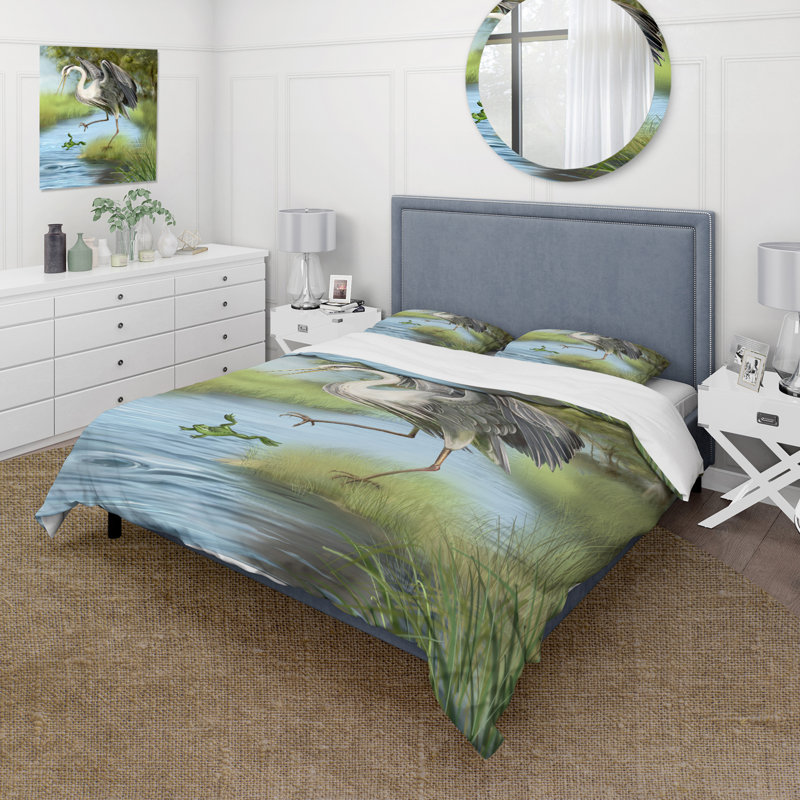 Crane Hunting A Frog In The Water - Ensemble de housse de couette Farmhouse - Microfibre de polyester