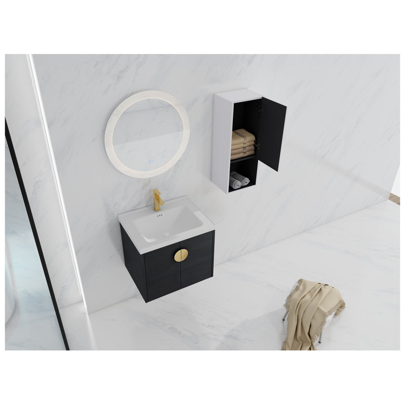Meuble-lavabo mural 24 po avec lavabo en céramique et armoire d'appoint en châtaignier noir ou blanc, 24"
