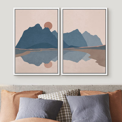 Multicolore rustique, soleil levant sur montagnes bleues et lac, nature sauvage, illustrations modernes