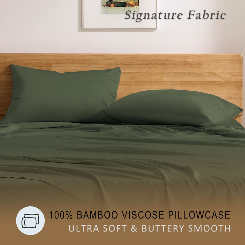 TOSMO Bamboo Viscose Pillow Case 2 Pack Breathable & Cooling, Queen Pillowcase Pack, Olive