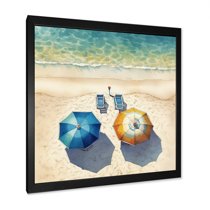 "Beachside Chairs And Umbrellas II", reproduction d'art sur toile, H 16 po x l 16 po x P 1 po, Cadre photo noir