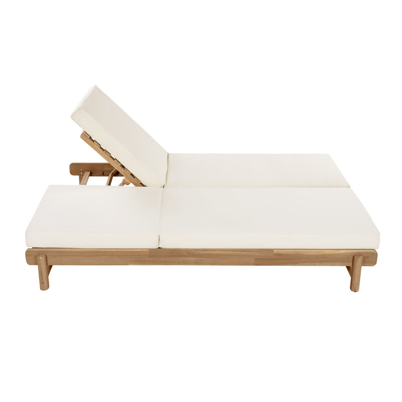 Chaise longue double en bois d'acacia Lioressa Modern avec dossiers réglables et coussins hydrofuges, Crème