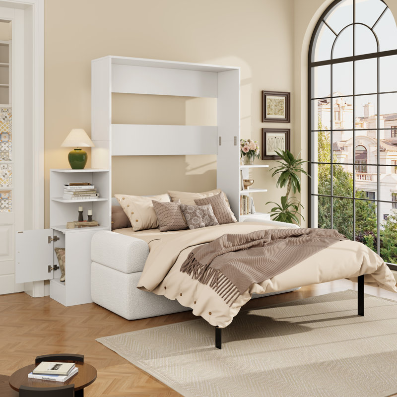 Queen Wall Murphy Bed with Sofa & Storage Cabinets, Space-Saving Fold-Down Wall Bed for Home Office & Guest Room, White