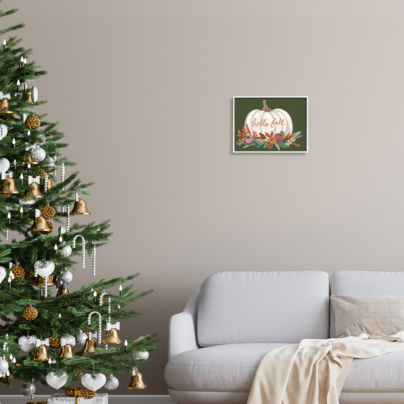 «Autumnal Hello Fall», citrouille, gourde et botanique, H 11 po x l 14 po x P 1,5 po, Giclée encadrée blanc bord de mer