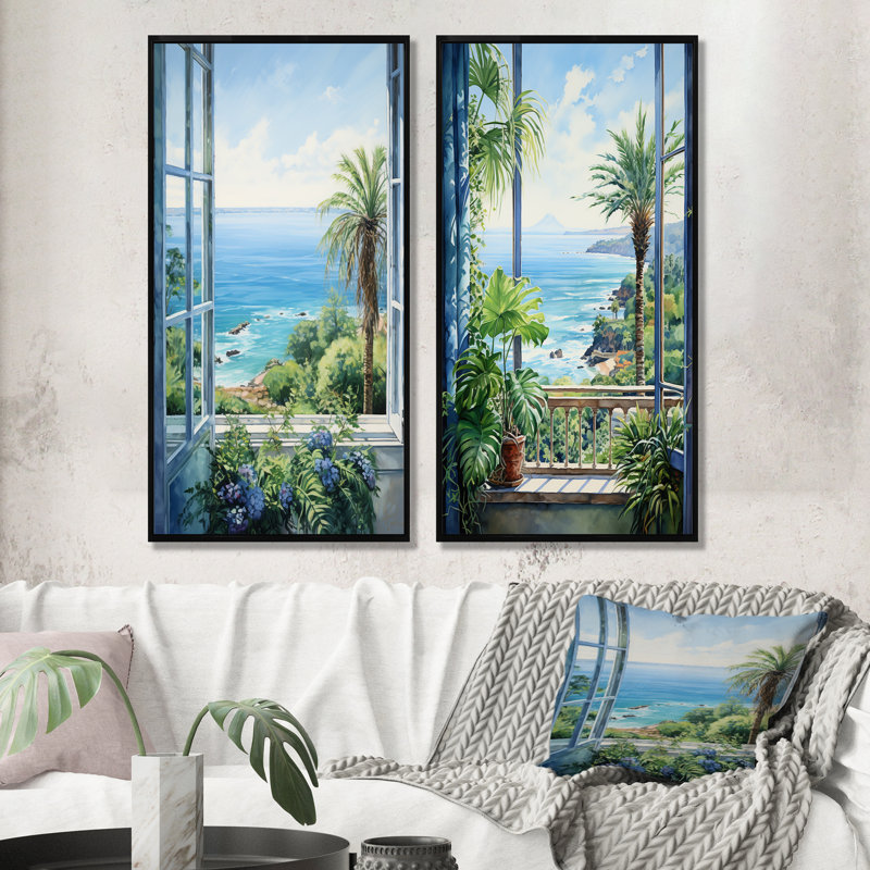 Ensemble de 2 fenêtres tropicales sur la plage I - Coastal Windows Wall Art, Cadre flottant noir, H 28 po x l 25 po