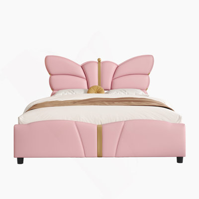 Cadre de lit rembourré avec tête et pied de lit en forme de papillon, cadre de lit plateforme avec décorations en métal