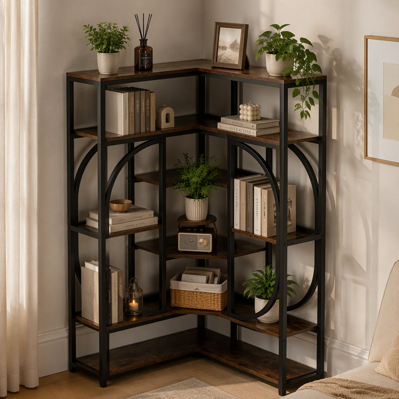 Étagère d'angle à 7 niveaux, bibliothèque en forme de L avec présentoir, Rustic Brown