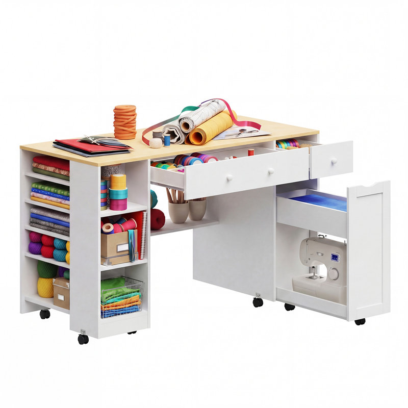 Table de couture coulissante de 53 po de largeur avec rangement, bureau de machine à coudre mobile avec tiroirs et armoire réglable