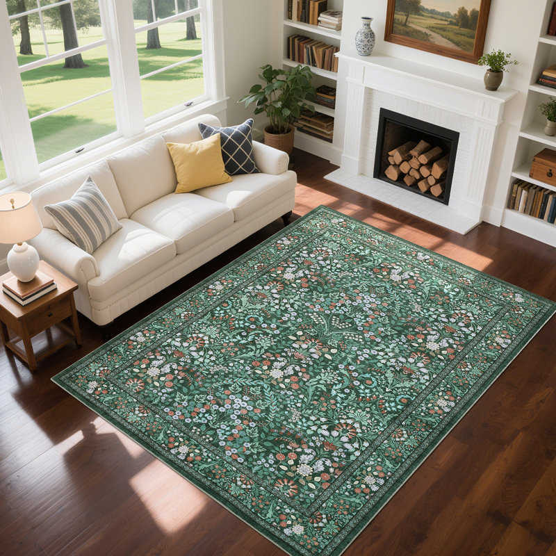 Floral Area Rugs for Living Room Washable Rugs Non Slip Boho Dining Room Carpet Vintage Botanical Print Low Pile Soft Carpet for Office Nursery Farmhouse