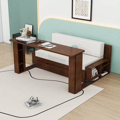 Lit de jour convertible en bois avec bureau intégré et tiroir