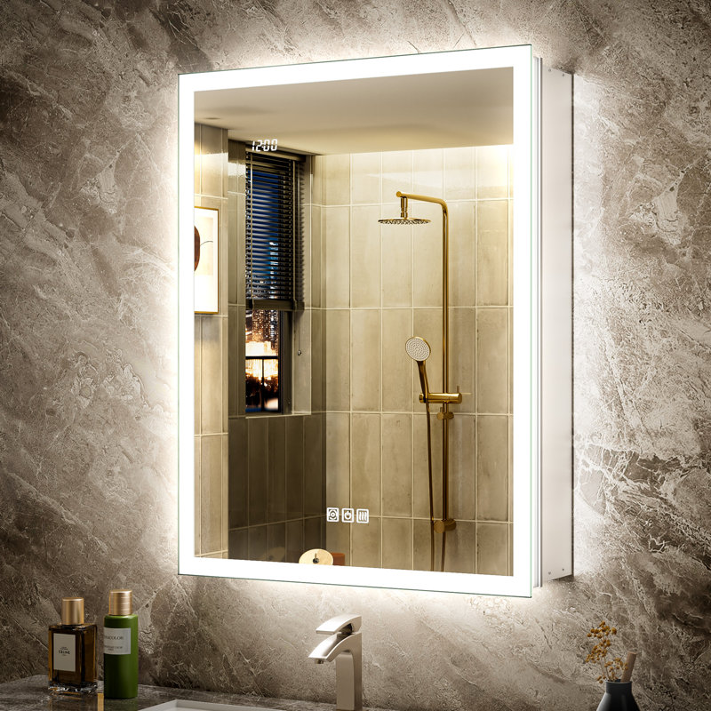 24X32" LED Medicine Cabinet With Double Lights-Front & Backlit, 155°Soft-Close Hinge,  Dimmable Lights, Outlet, Clock & Sensor Light, Anti-Fog