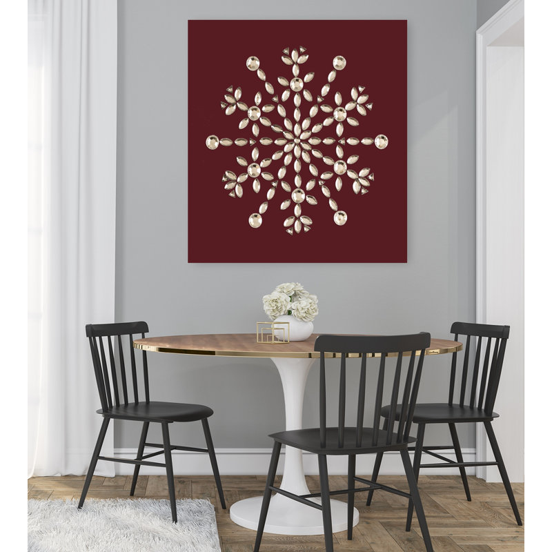 Affiche murale élégante et géométrique abstraite représentant un flocon de neige en cristal, un paysage d'hiver, avec des flocons de neige et des motifs géométriques.