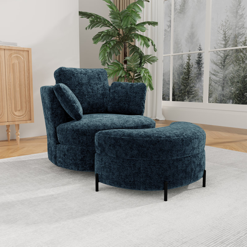 Fauteuil demi-tonneau pivotant en chenille de 40,5 po de largeur avec repose-pieds et coussins, Marine