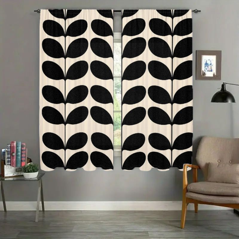 2Pcs Retro Black Leaf Pattern Curtains, Mid Century Modern Abstract Botanical Print Window Drapes for Living Room Bedroom Kitchen Rod Pocket Treatment, Boho Home Decor