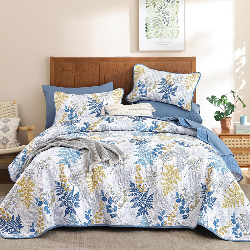 Ensemble de courtepointe réversible en microfibre 3 pièces Botanical Leaf, Courtepointe pour très grand lit et 2 taies d'ore