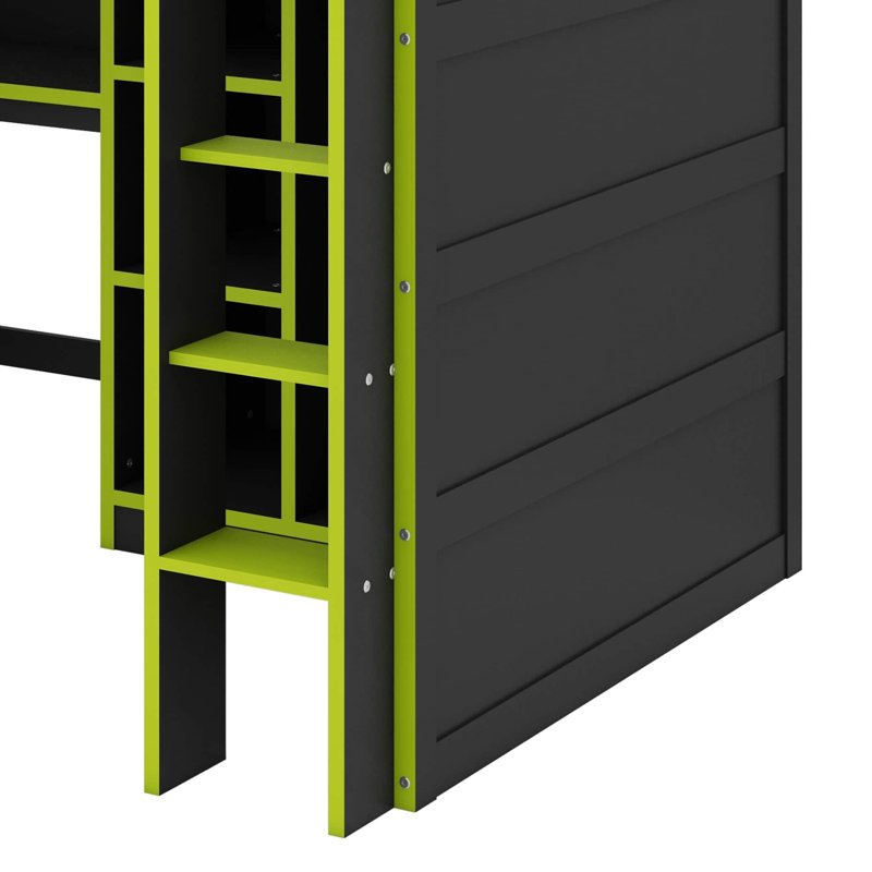 Full Size Wooden Gaming Loft Bed Featuring Desk, Storage Shelves & Built-In Ladder, Equipped With Storage Closet, Green
