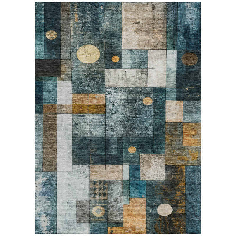 Tapis bleu sarcelle lavable intérieur / extérieur Iris , 5 pi x 7 pi 6 po