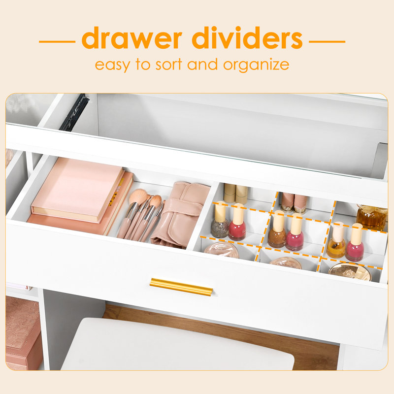 Adriel 49.2" Wide Makeup Vanity Set With Stool & Usb Power Outlet And 3 Modes Adjustable Brightness Light